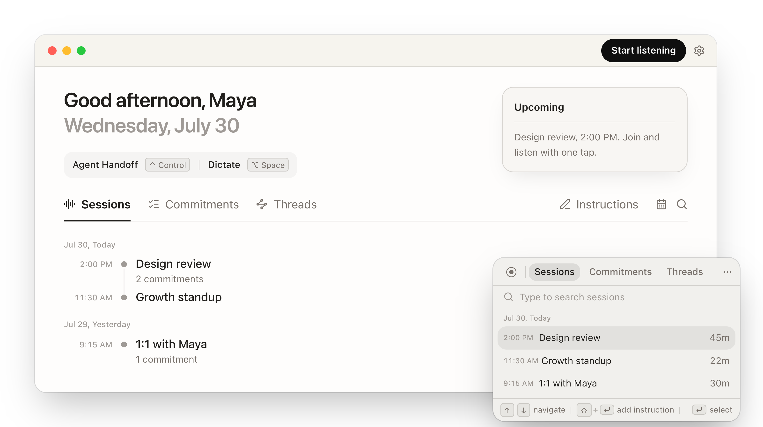 The Handov desktop app: the home screen listing recorded sessions, with the handoff picker open over it and Enter ready to paste the selected session into the frontmost agent